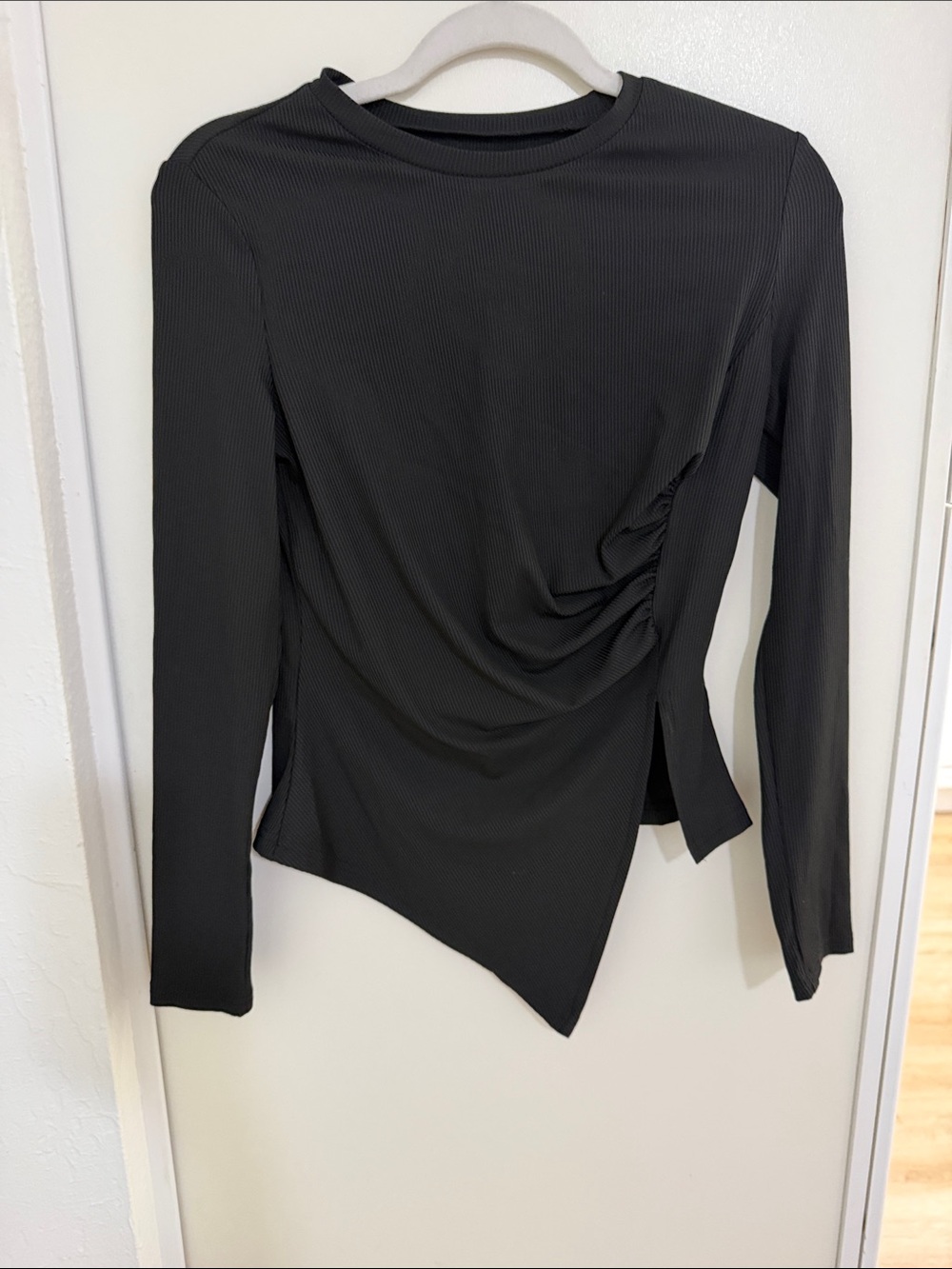 SHEIN Black Ribbed Long Sleeve Asymmetric Ruched Top ~ S